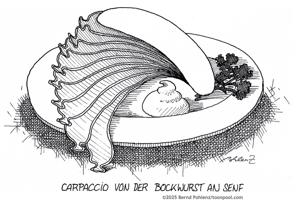 Comic eines Carpaccio von der Bockwurst an Senf.