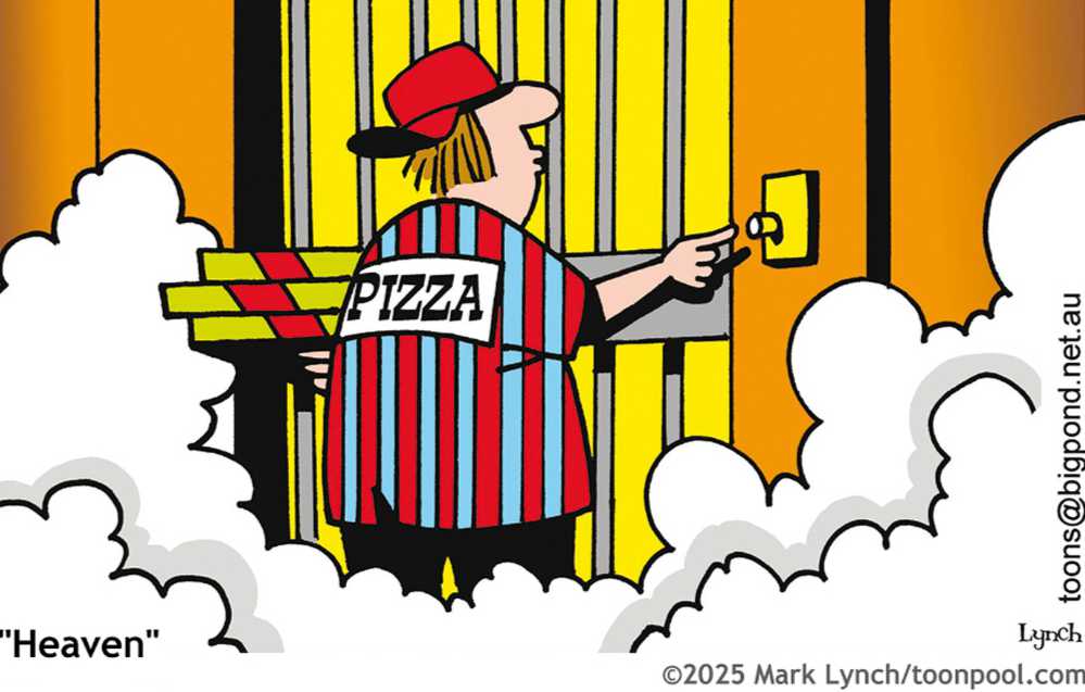 Comic eines Pizza Lieferanten vor der Himmels Pforte.