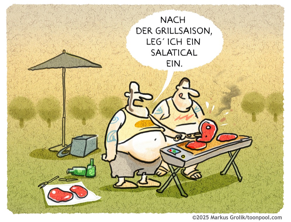 Comic mit stämmigen Barbecue-Grillfreunden.