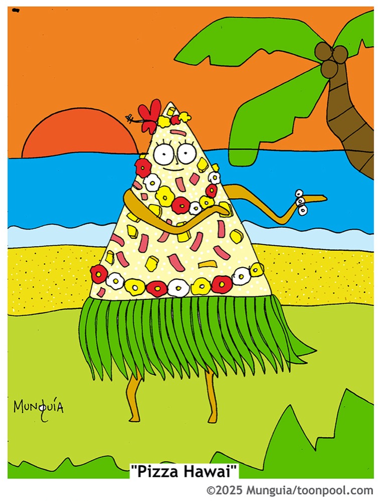 Comic einer tanzenden Pizza Hawaii