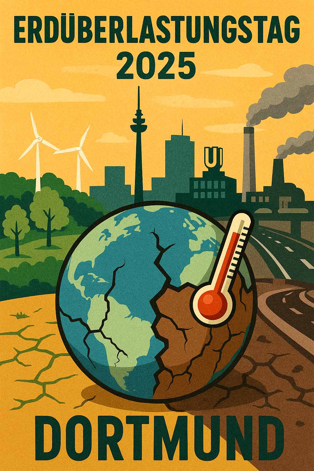 Illustration: Die Erde mit sichtbaren Rissen und Thermometer, im Hintergrund eine halb grüne, halb versiegelte Stadtlandschaft – auf der linken Seite Wald und Windräder, auf der rechten Seite Industrie und Autobahnen. Im Zentrum: die Skyline von Dortmund mit Florianturm und U-Turm.