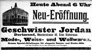 Werbeinserat zur Neueröffnung des Geschäftshauses Geschwister Jordan, Münsterstraße 45, 1908.