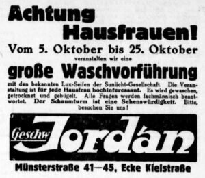 Werbeinserat der Fa. Geschwister Jordan für eine Waschvorführung, 1930