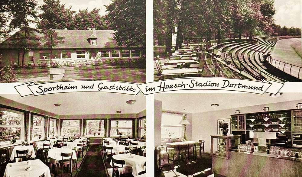 Innen- und Außenansicht des Sportlerheims samt Tribüne der Radrennbahn.