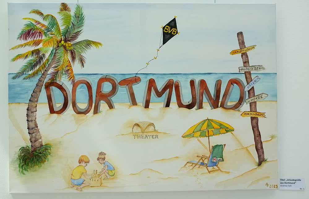 Das Bild zeigt einen Strand mit Palme, spielenden Kinder, einem BVB-Drachen und dem Opernhaus.