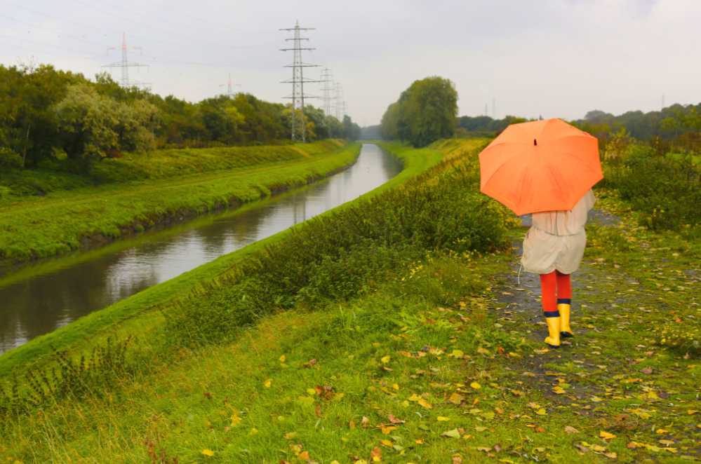 Person bei einem Spaziergang im Grünen mit Regenschirm