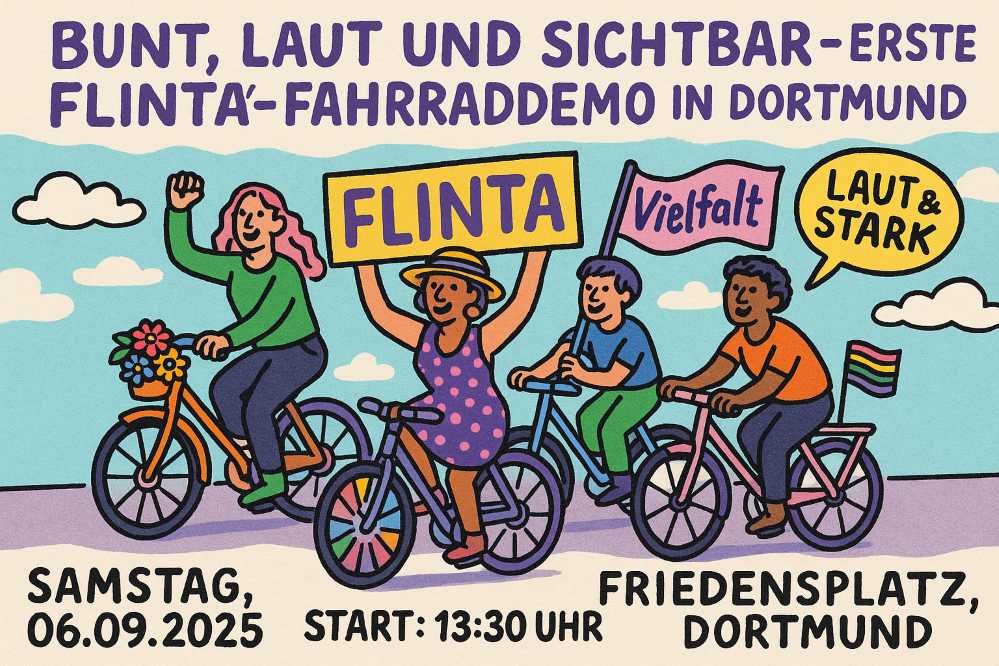 Als Comic dargestellte Menschen mit Plakaten und Fahnen auf Fahrrädern