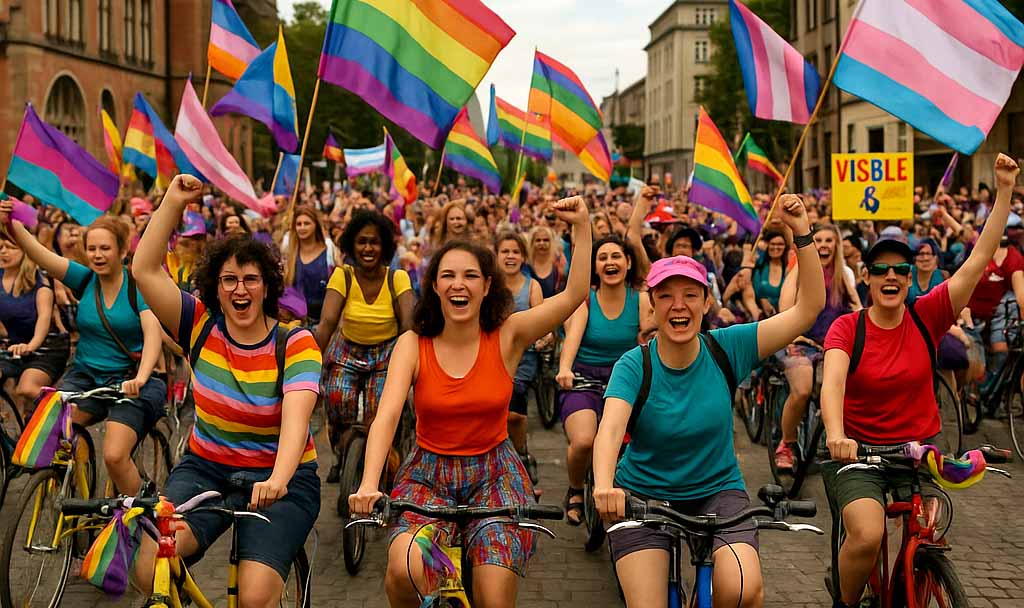 Viele bunt gekleidete Menschen mit Regenbogen-Fahnen auf Fahrrädern (KI-generiert)
