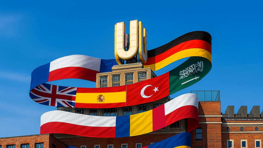 Dortmunder U wird umweht von Fahen aus verschiedenen Ländern