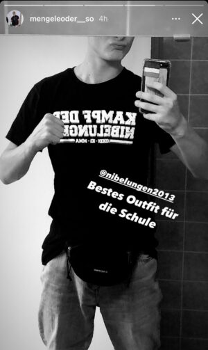 Instagram Screenshot zeigt einen jungen Mann mit Kampf der Nibelungen T-Shirt, darunter steht „Bestes Outfit für die Schule“