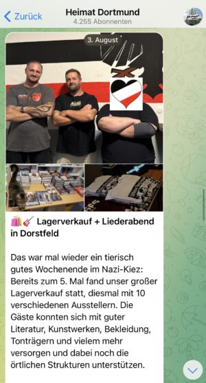Das Foto zeigt einen Screenshot aus dem Telegram-Chat der rechtsextremen „Heimat Dortmund“. Darin werden „Lagerverkauf“ und Liederabend beworben.