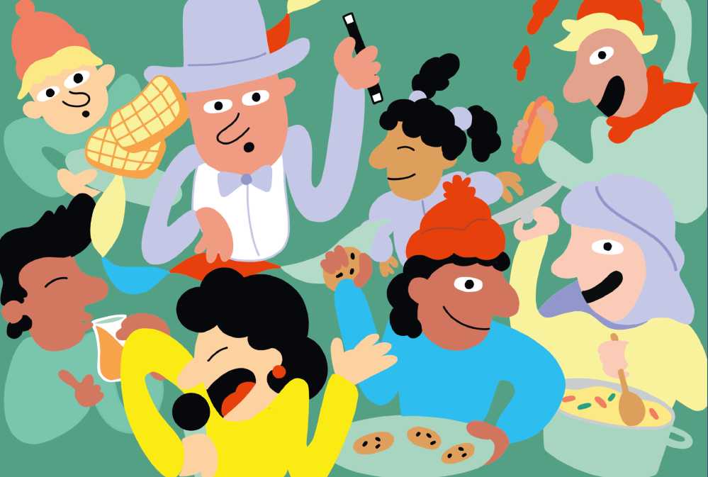 Comic-Charaktere die essen, trinken, zaubern und singen