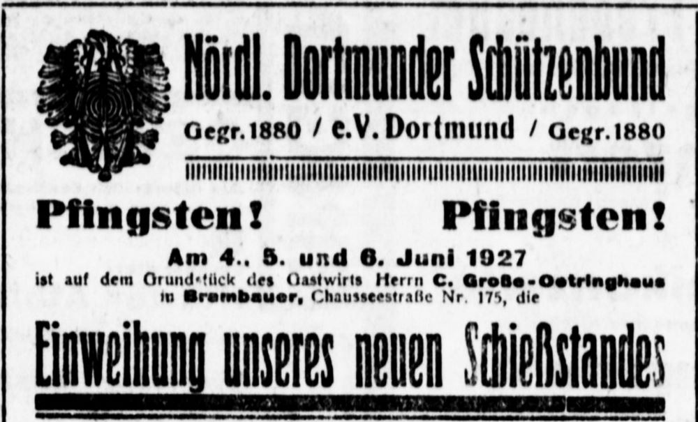 Inserat des Schützenbundes zur Einweihung des neuen Schießstandes in Brambauer (Ausschnitt)