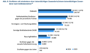 Abbildung Straftaten mit mindestens einer tatverdächtigen Zuwanderin/einem tatverdächtigen Zuwanderer nach Deliktsbereichen.
