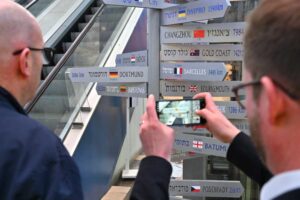 Wegweiser mit Entfernungen zu verschiedenen Ländern