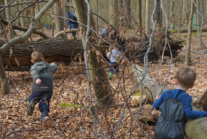 Eine Waldszenerie mit Kindern die auf einem Baumstamm sind, einem Kind das rennt, ein andere lehnt an einem umgekippten Stamm und schaut in die Ferne. Alle Kinder sind von hinten zu sehen.