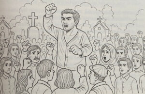 Eine Gruppe an Menschen, zugewendet zum Redner, viele recken die Faust in die Höhe. Die Szenerie ist auf einem Friedhof, im Hintergrund Gräber.