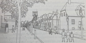 Eine Straße auf der sich Menschen bewegen. Links viele Häuser. Wieder gezeichnet durch die Konturen, schwarzweiß.