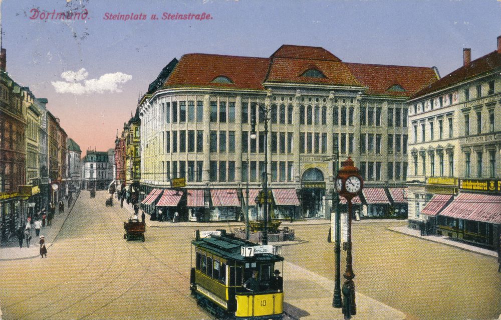 Der westliche Teil des Steinplatzes mit dem Kaufhaus Meyer & Günther, um 1915.