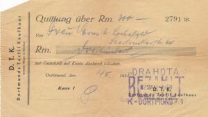 Quittung der Fa. Dortmunds Textil Kaufhaus mit Bezahlt-Stempel Drahota.