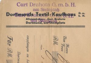 Detail einer Quittung: Die gedruckte Firmenangabe ist mit "Curt Drahota GmbH" überstempelt.