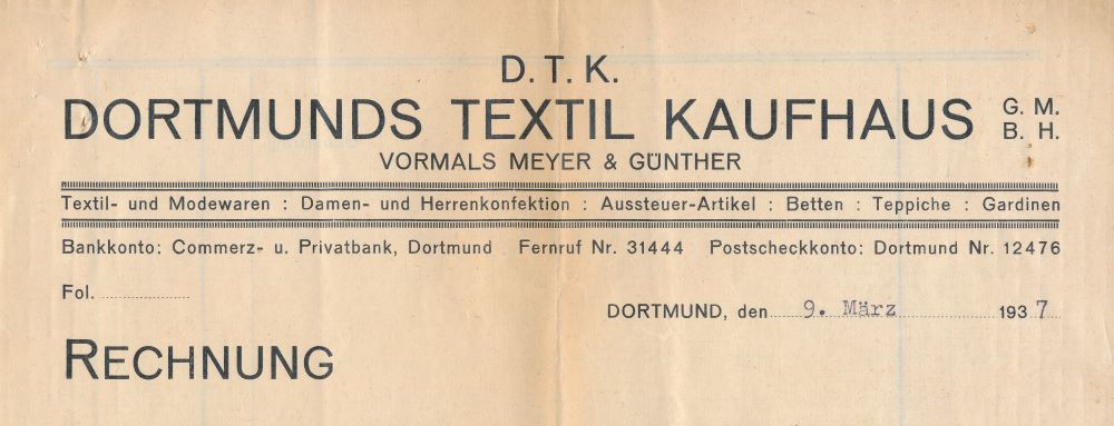 Kopf eines Rechnungsbogens der D.T.K. Dortmunds Textil Kaufhaus, 1937.