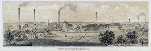 Ansicht der ab 1856 erbauten Dortmunder Hütte und der Zeche Westphalia mit Malakoffturm und Kesselhaus, 1860.