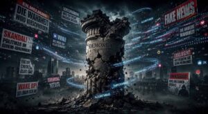 Eine Demokratiesäule erodiert durch Fakewws und Co
