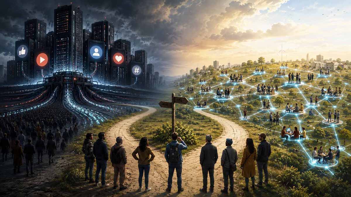 Menschen an der Weggabelung: Düstere City der Techgiganten oder dezentrale digitale Dörfer...