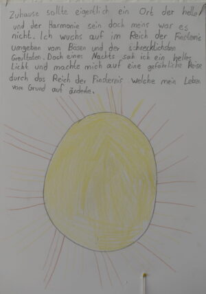 Zeichnung einer Sonne mit handgeschriebenem Text