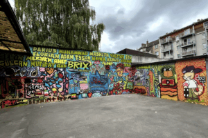 Die fertig gestaltete Innenhofwand nach dem Graffiti-Projekt.