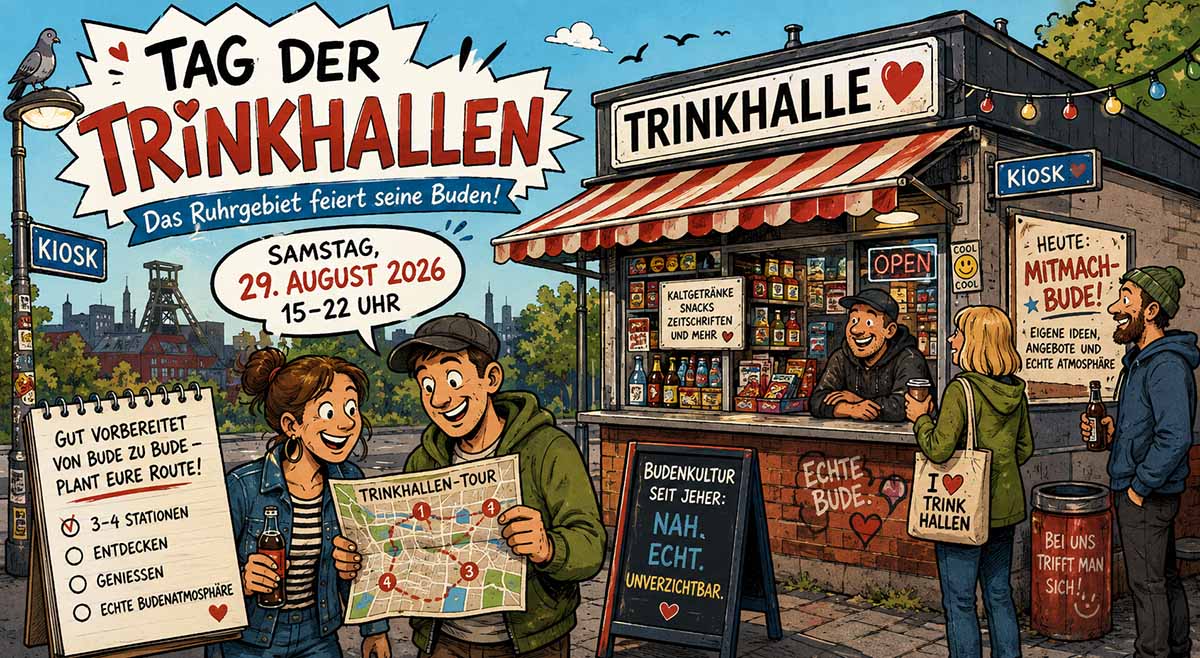 Die Zeichnung zeigt feierende Menschen vor einer Bude.