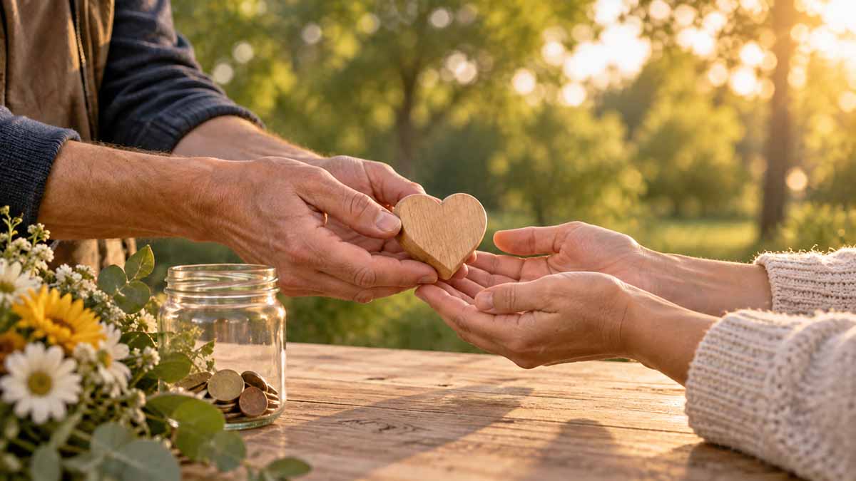 Eine Hand reicht einer anderen Hand ein Herz aus Holz