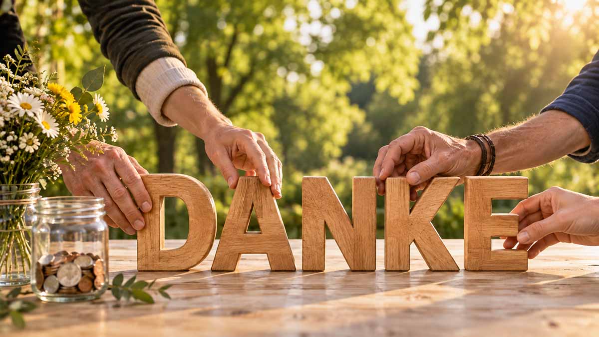 Zwei Hände bauen den Schriftzug Danke aus Holz auf