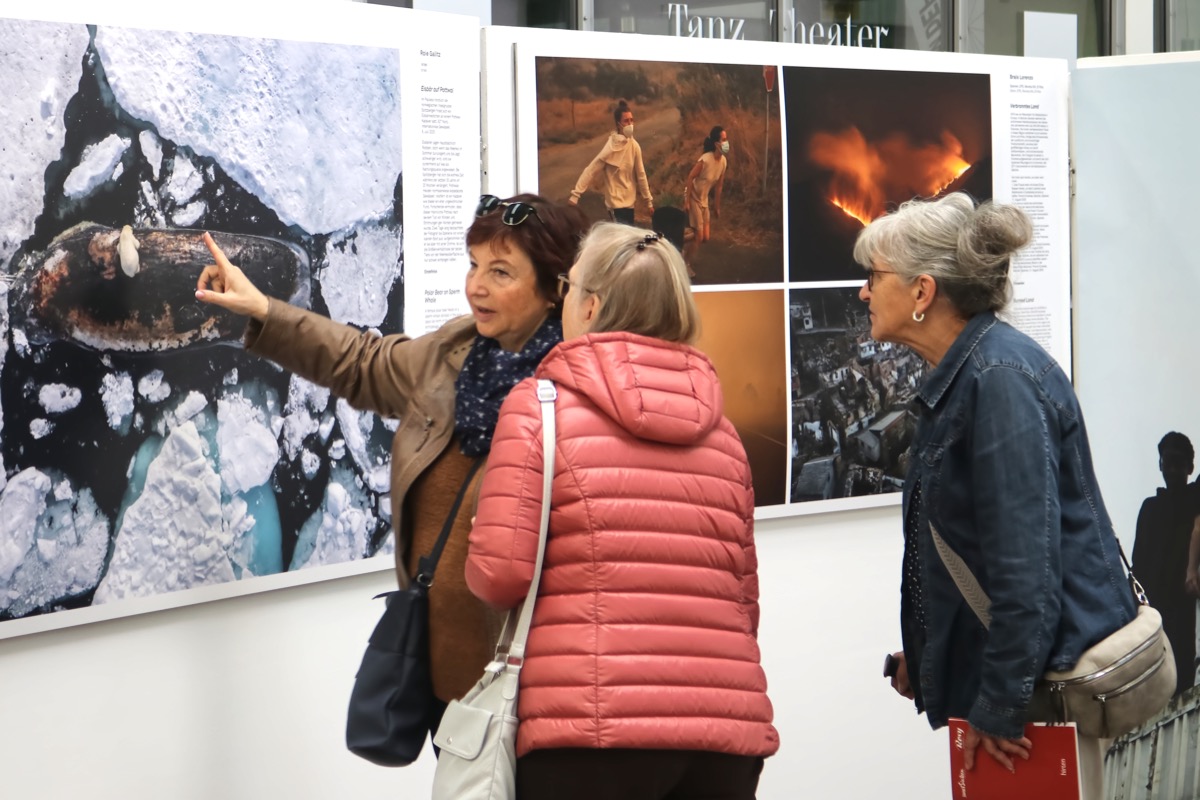 Drei Personen betrachten Bilder einer Photoausstellung