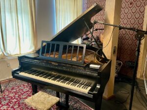 Teppich, Tapete, Tasteninstrument - gewollter Retro-Look mit Klavier, das auch für Aufnahme dort steht